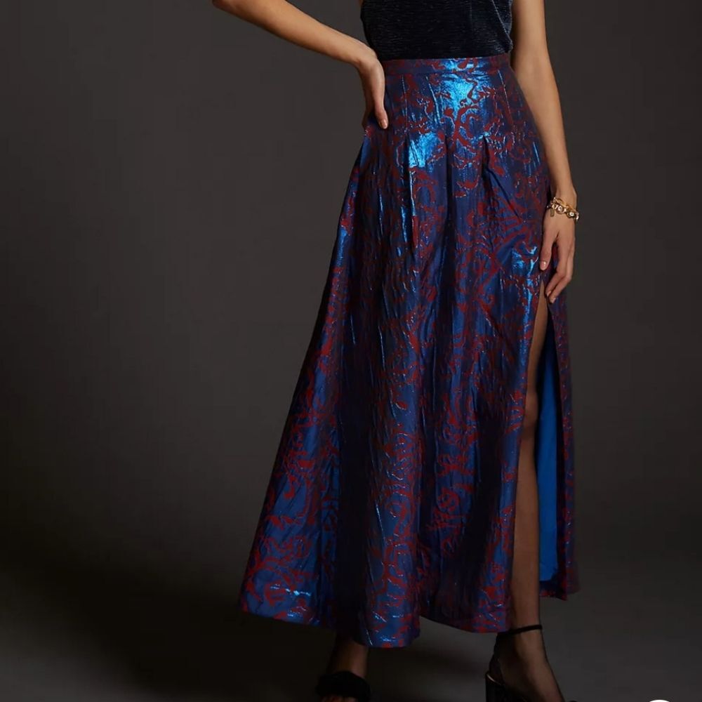 Maeve Pleated Shimmer Maxi Skirt Front Split Pockets Metallic Women's Size 2